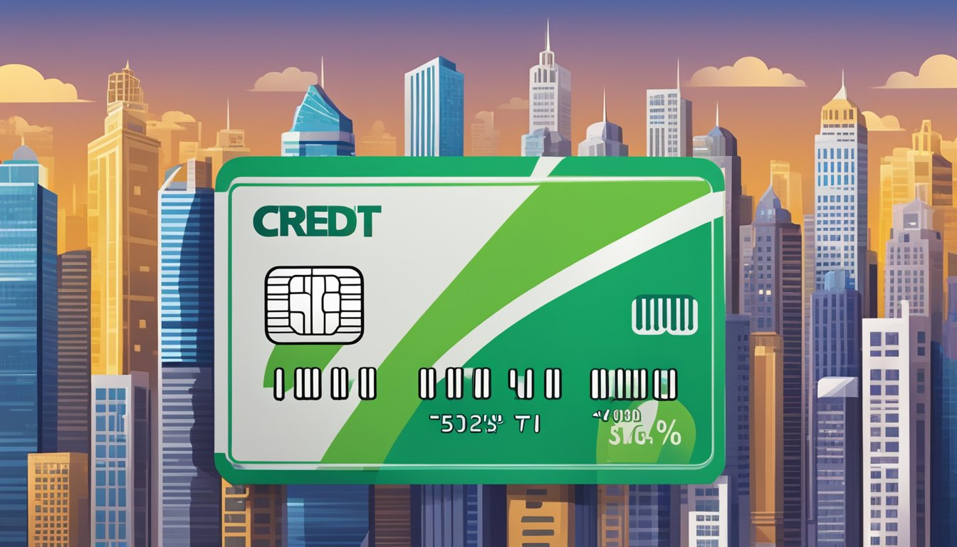 A credit card surrounded by skyscrapers and a city skyline, with dollar signs and percentage symbols floating in the air