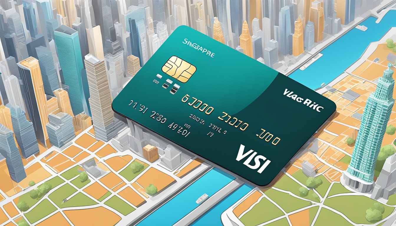 A sleek credit card rests on a map of Manhattan, with the Singapore skyline in the background