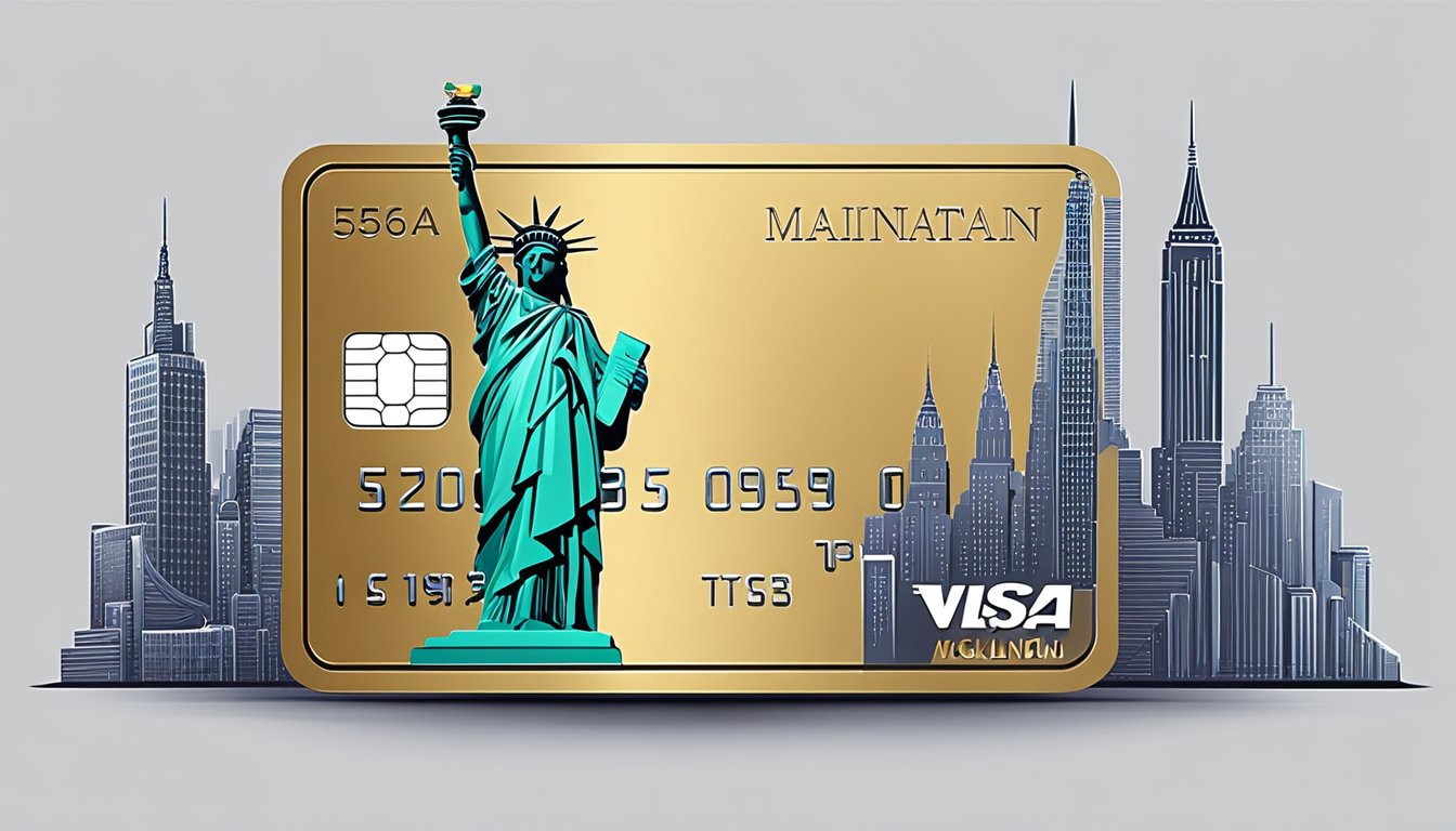 A sleek, metallic Manhattan Credit Card sits on a marble countertop, surrounded by city skyline silhouettes and the iconic Statue of Liberty