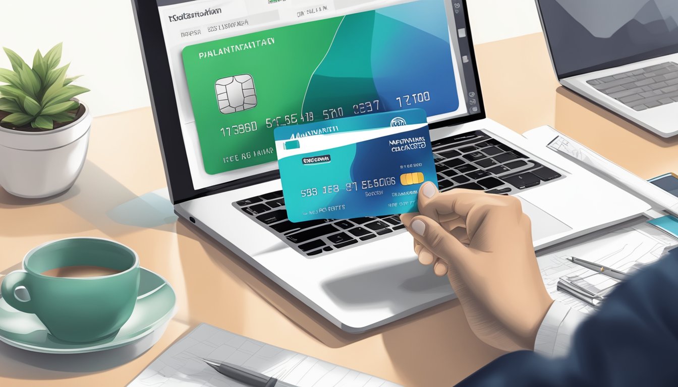 A hand holding a Manhattan credit card, with a laptop and documents nearby for the application process