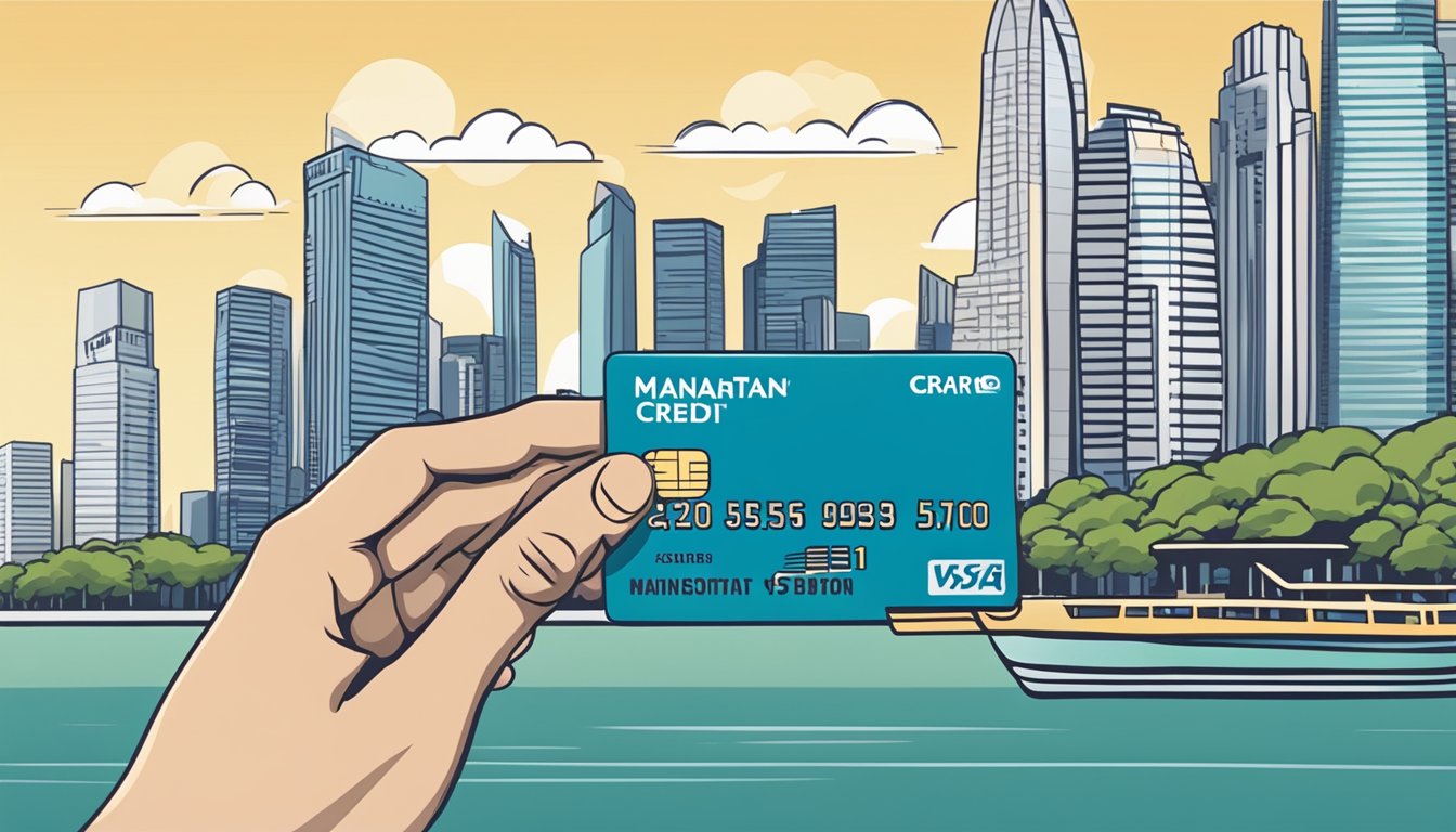 A hand holding a Manhattan credit card next to a Singapore skyline
