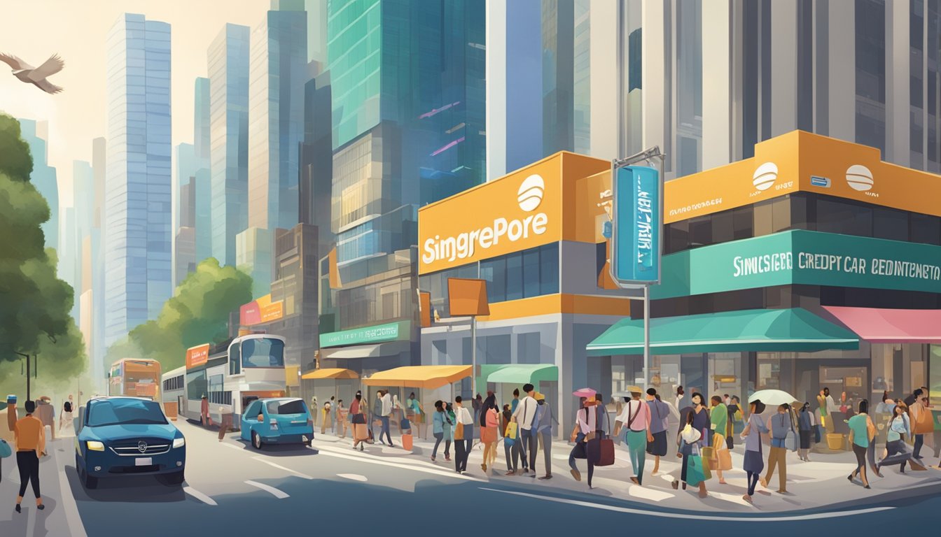 A bustling city street with a prominent sign for "Manhattan Credit Card Singapore" surrounded by people and tall buildings