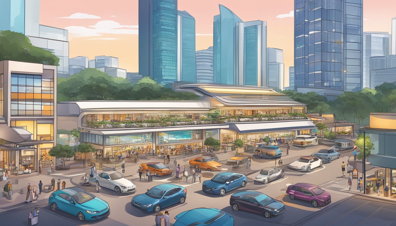 A bustling marina square with cars parked in designated free parking spots, surrounded by shops and restaurants in Singapore