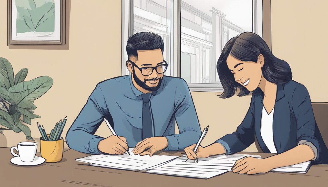 A couple signing paperwork for a housing loan, with a CPF statement showing the maximum monthly contribution
