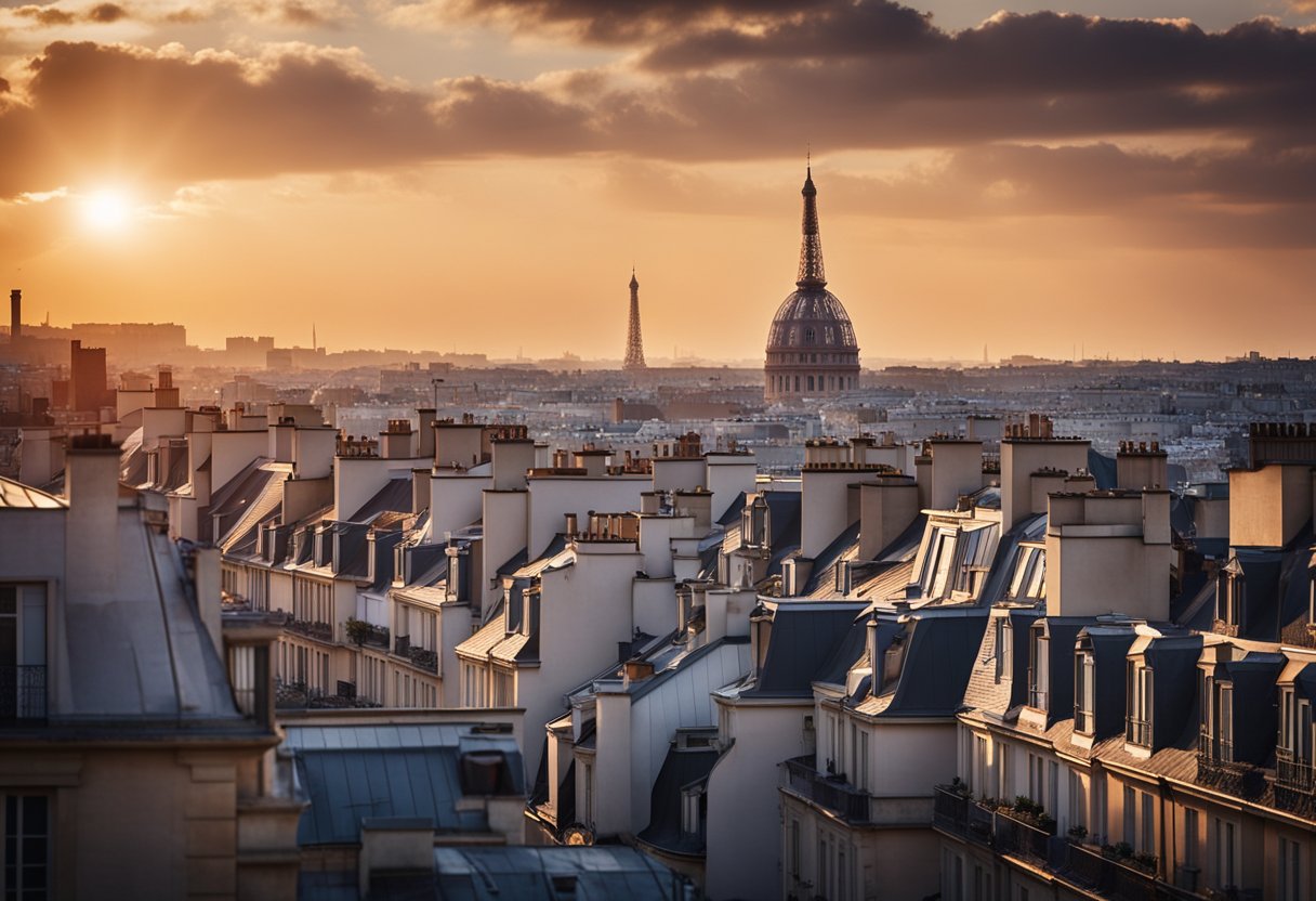 The sun sets over the iconic rooftops of Paris, casting a warm glow over the city. Chimneys and dormer windows create a picturesque skyline against the evening sky