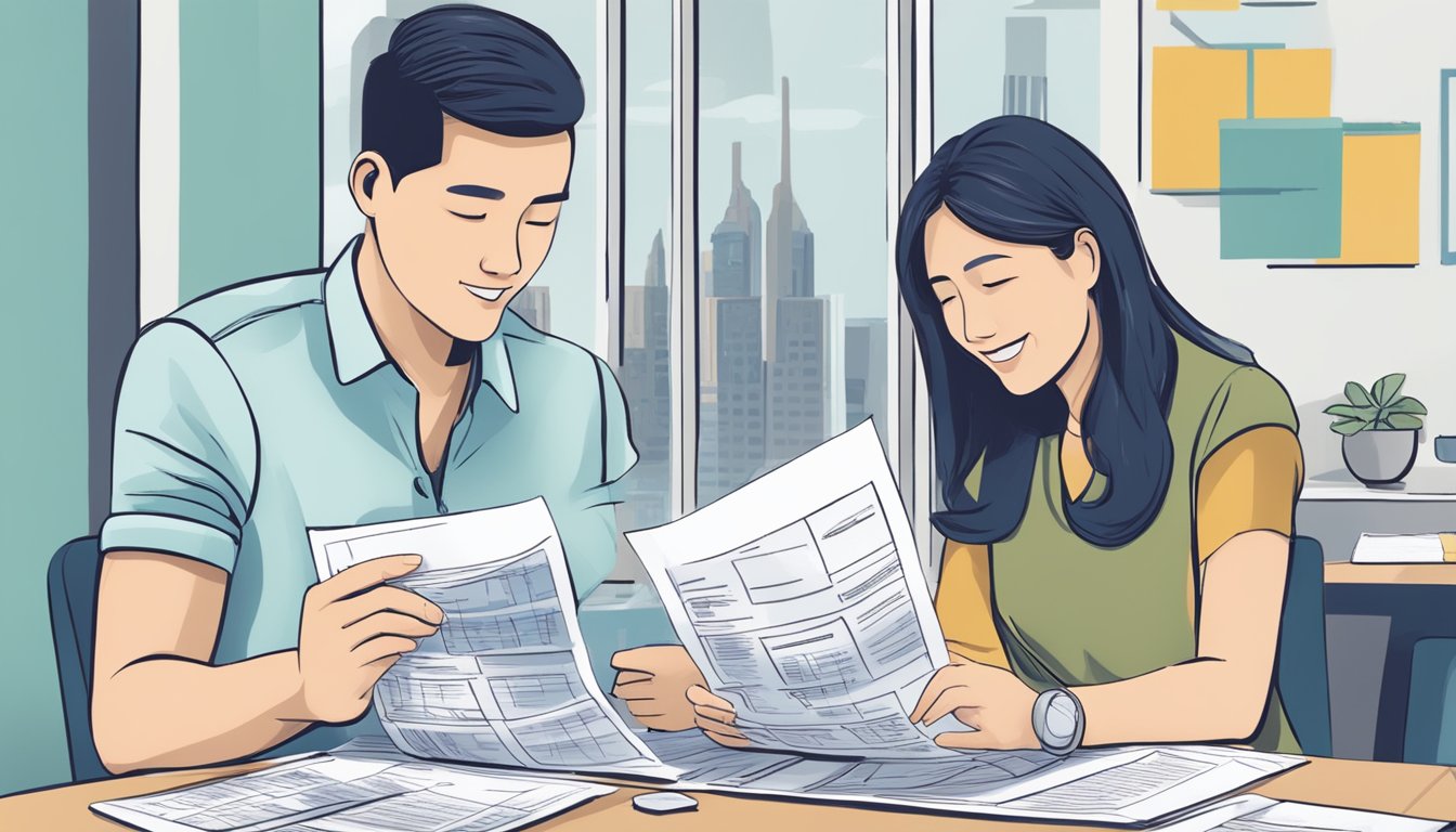 A couple sits at a table, reviewing documents with the words "Maximising Your CPF Usage for Housing" and "maximum monthly CPF for housing loan Singapore" prominently displayed