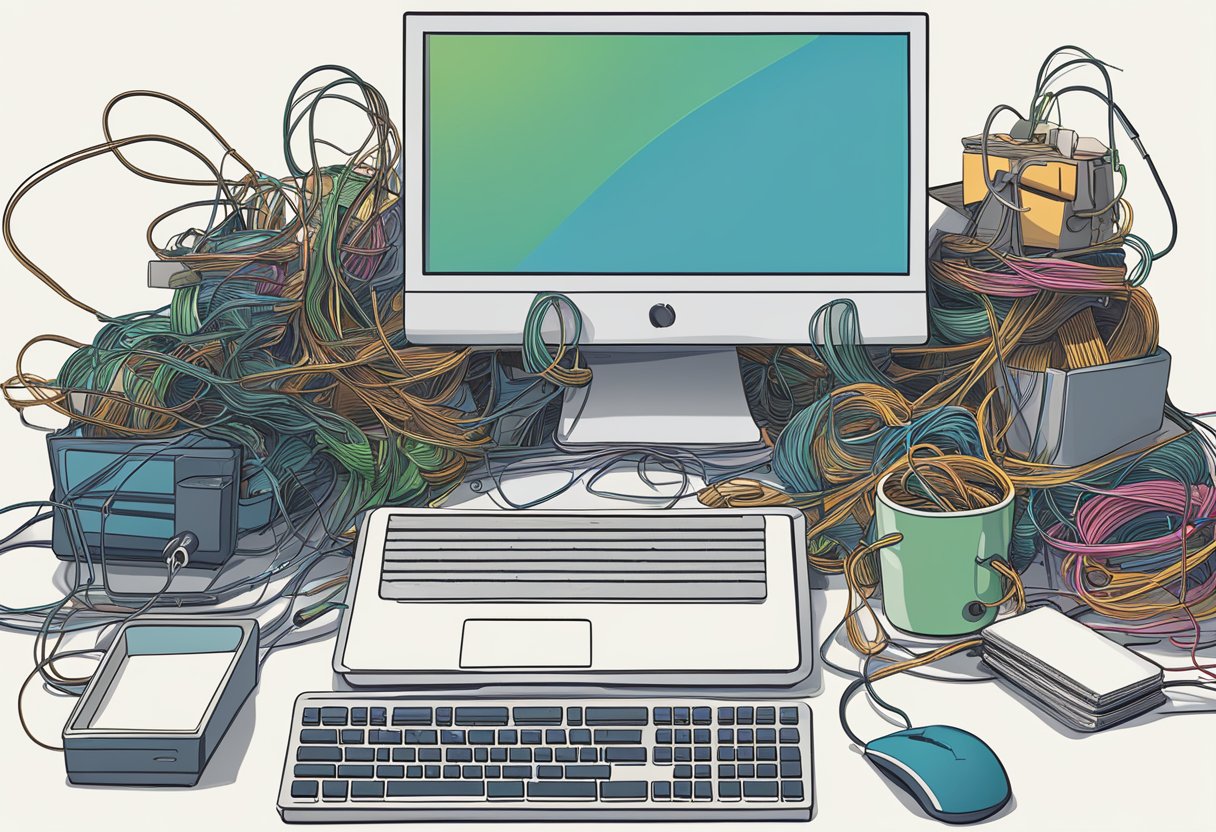 A cluttered desk with tangled cords, a frustrated expression, and a computer screen showing error messages which can be one of the disadvantages of ehealth trumping its advantages