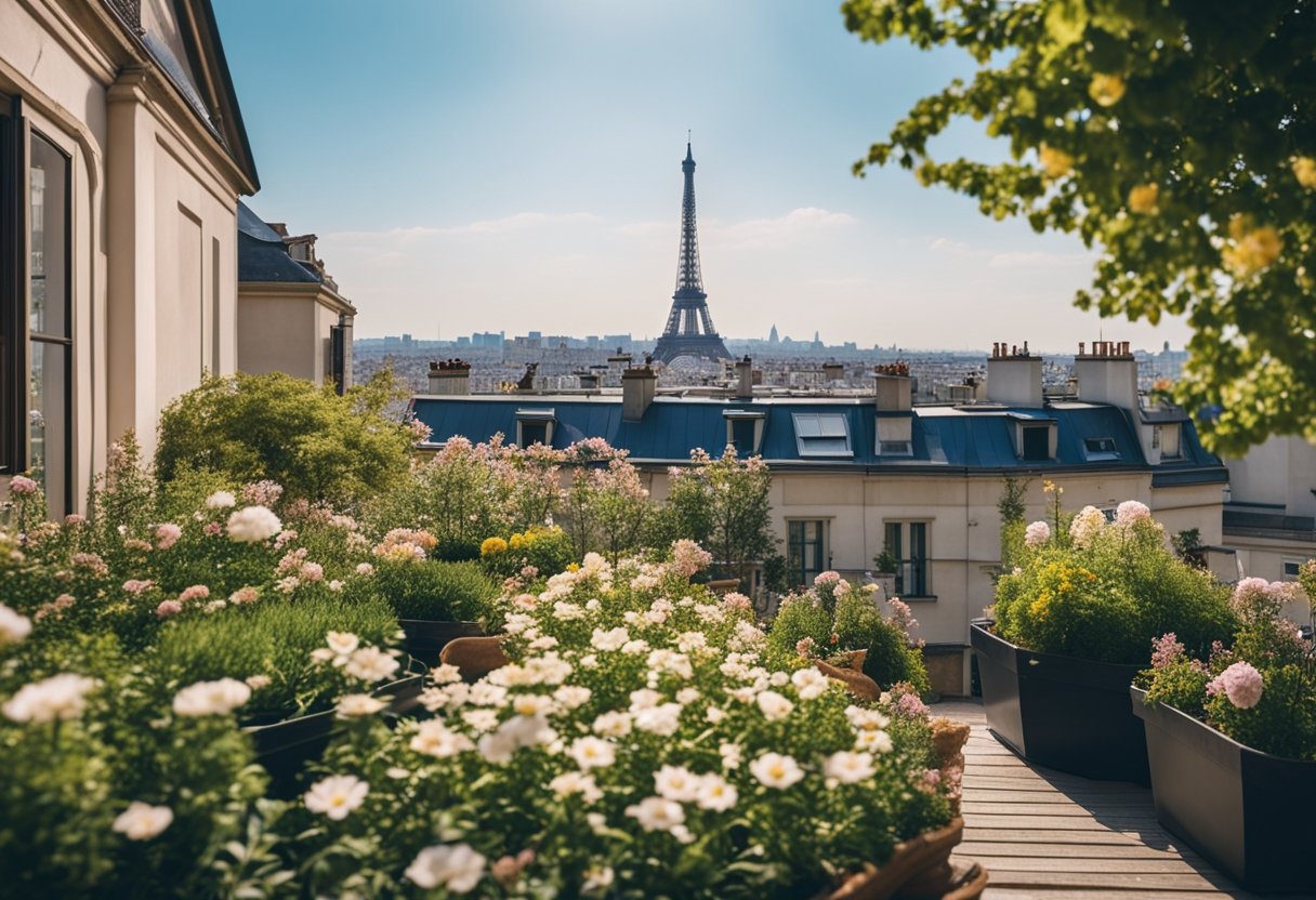 A cozy rooftop garden with blooming flowers and a view of Parisian rooftops and landmarks under a clear blue sky