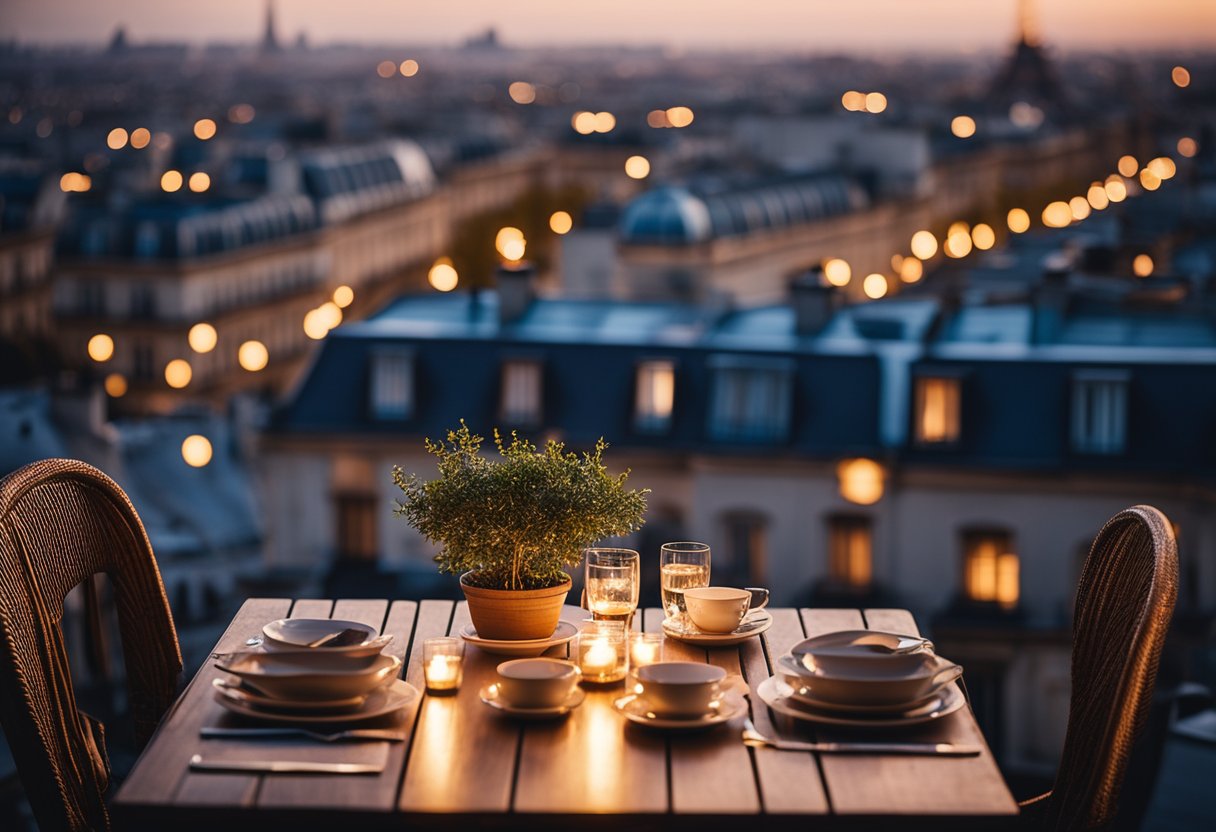 Aerial view of Paris rooftops at sunset, with elegant outdoor seating and twinkling lights, creating a serene and romantic atmosphere