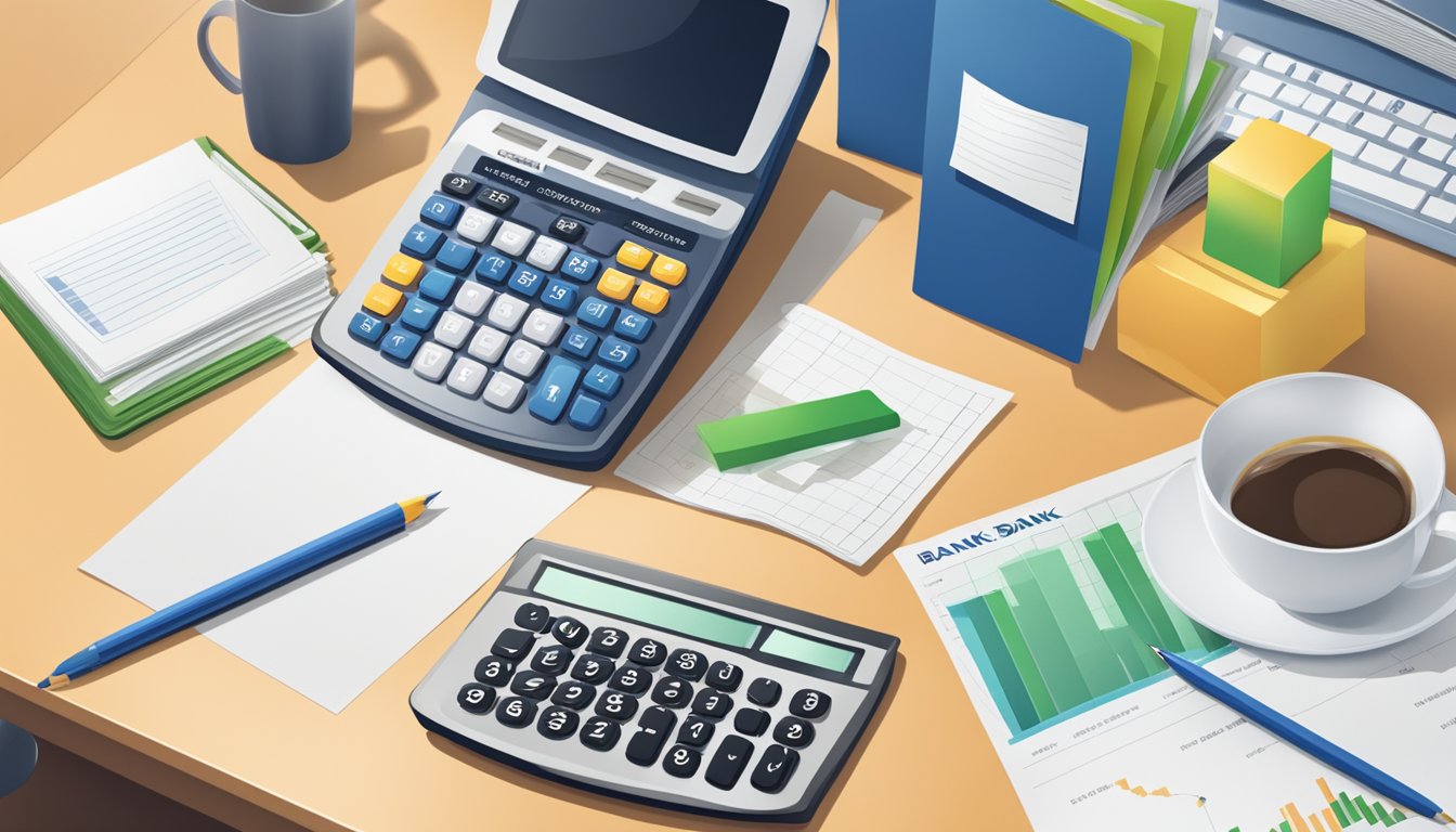 A pile of documents and a calculator on a desk, with a bank logo in the background