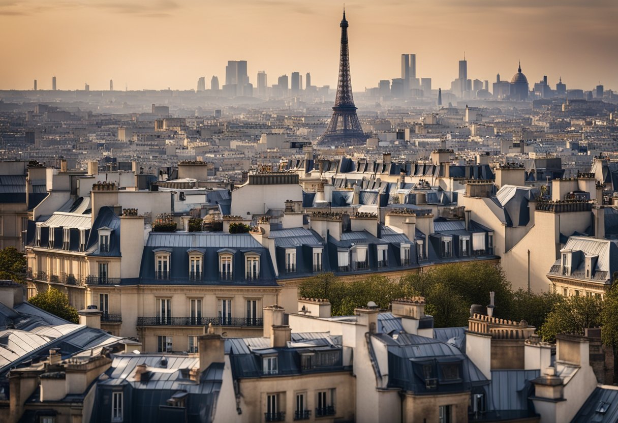 The rooftops of Paris are adorned with colorful chimneys and intricate architectural details, creating a unique and artistic skyline against the backdrop of the city's iconic landmarks