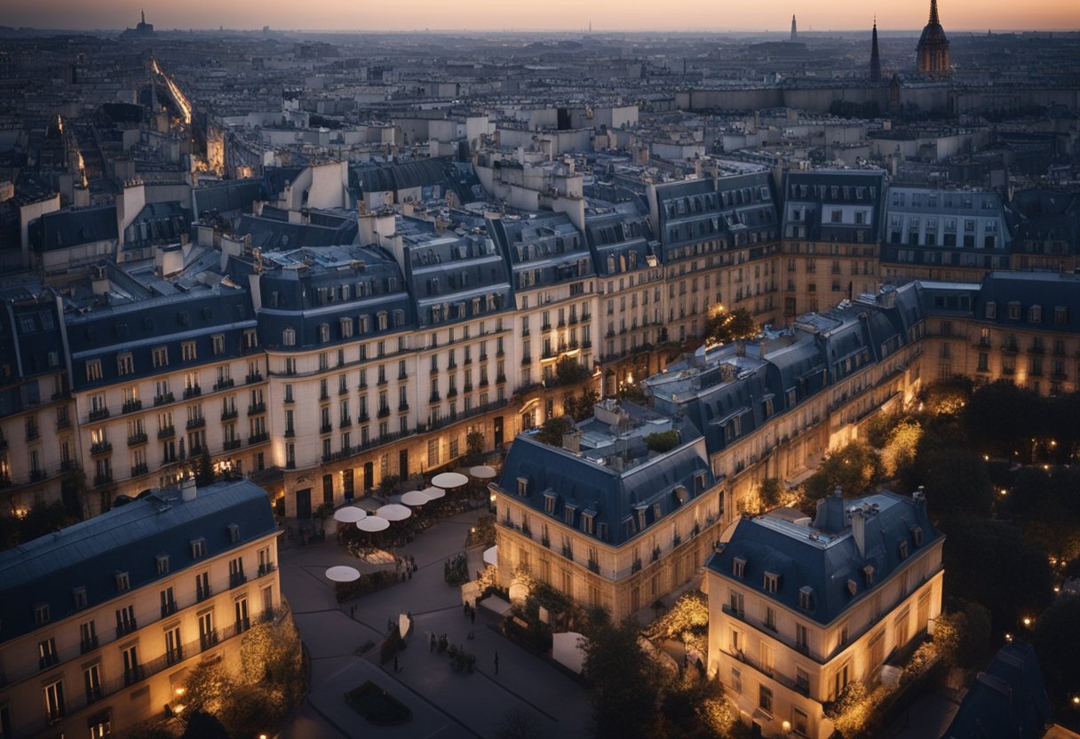 Aerial view of Paris rooftops at dusk, with elegant tables set for an exclusive gathering under twinkling lights