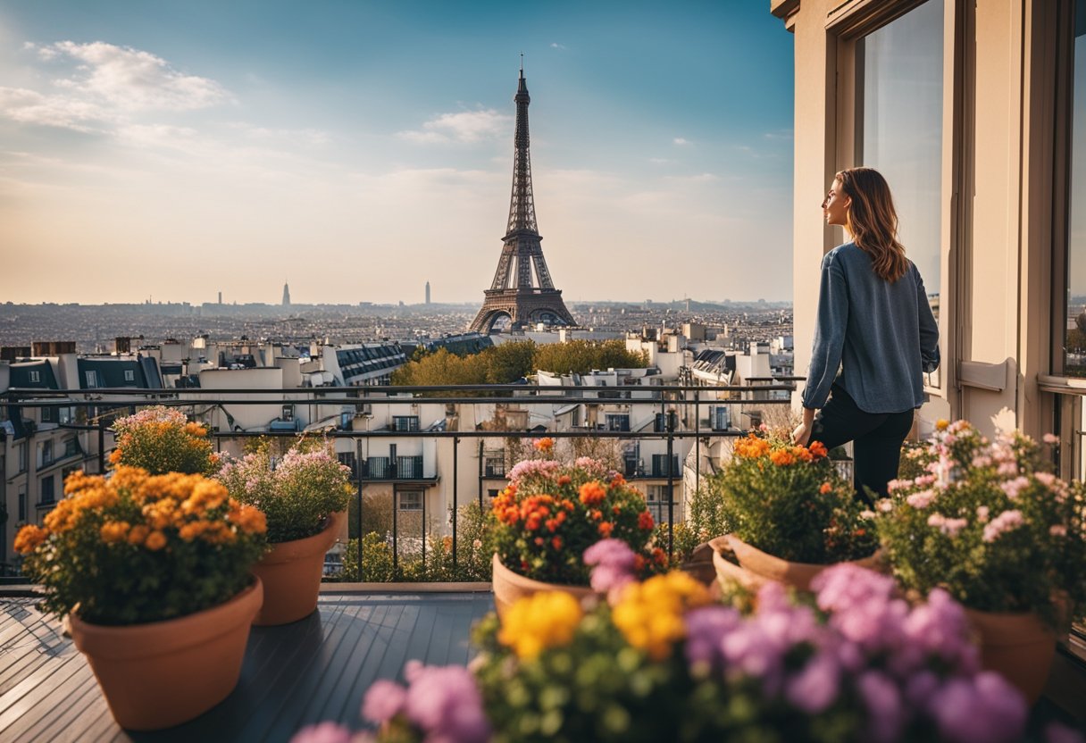 A person stands on a rooftop terrace, surrounded by colorful flower pots and overlooking the iconic rooftops of Paris. The Eiffel Tower and other landmarks can be seen in the distance, creating a picturesque view of the city