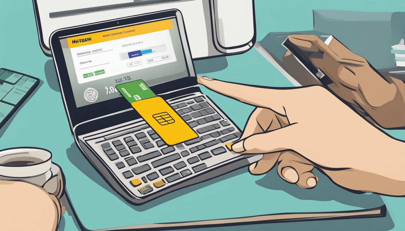 A hand holding a Maybank credit card, transferring balance online. Computer screen showing Maybank Balance Transfer page