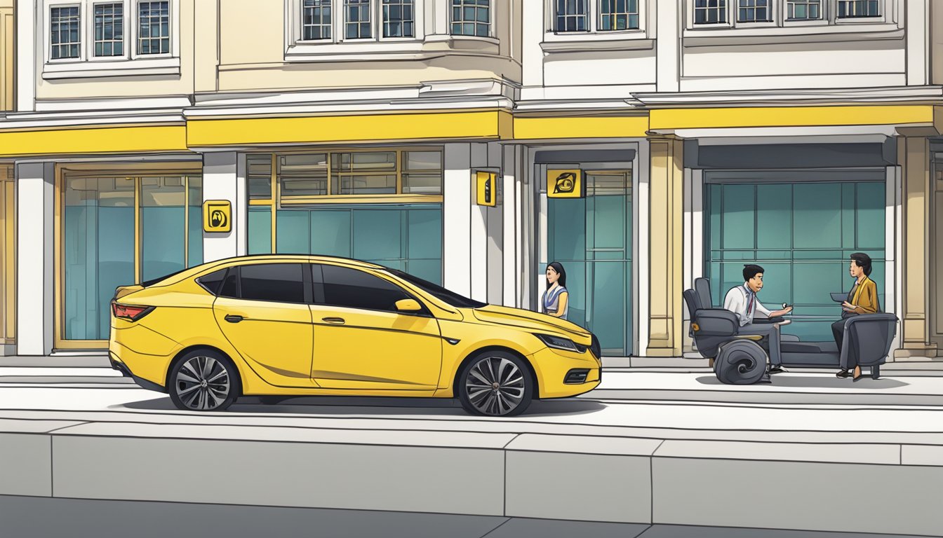 A sleek car parked in front of a Maybank branch in Singapore, with a loan officer assisting a customer through the car window