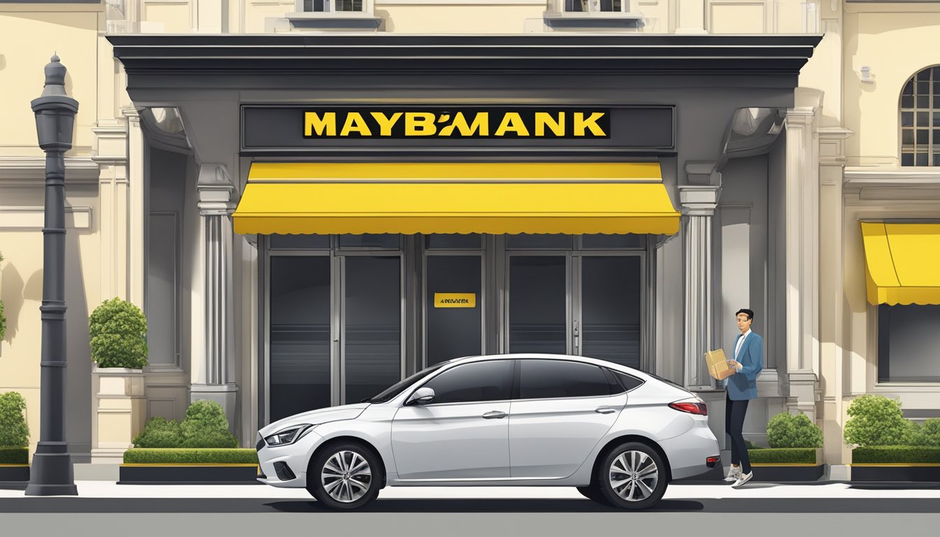 A car parked in front of a Maybank branch in Singapore, with a sign displaying "Maybank Car Loans" prominently in the window