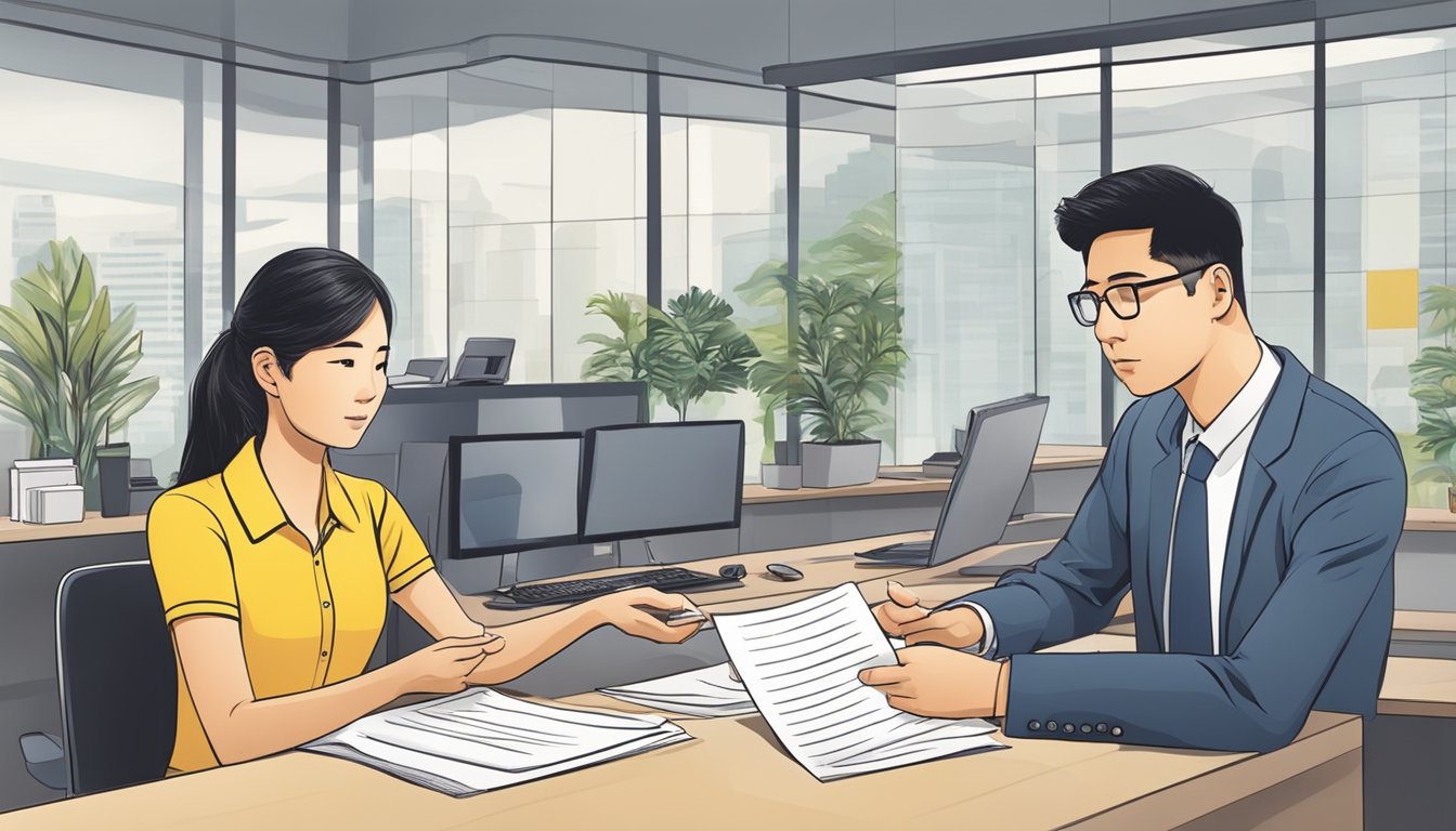 A car loan customer submits paperwork at a Maybank branch in Singapore. The loan officer reviews documents and discusses terms with the customer