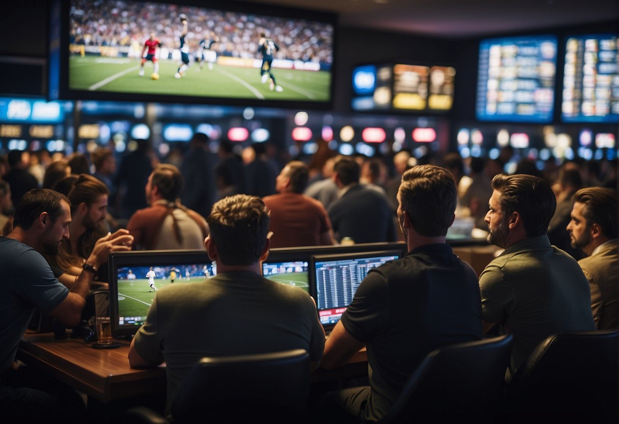 A crowded sportsbook with a large screen displaying live football odds. People eagerly place bets at the counter while others watch the game intently