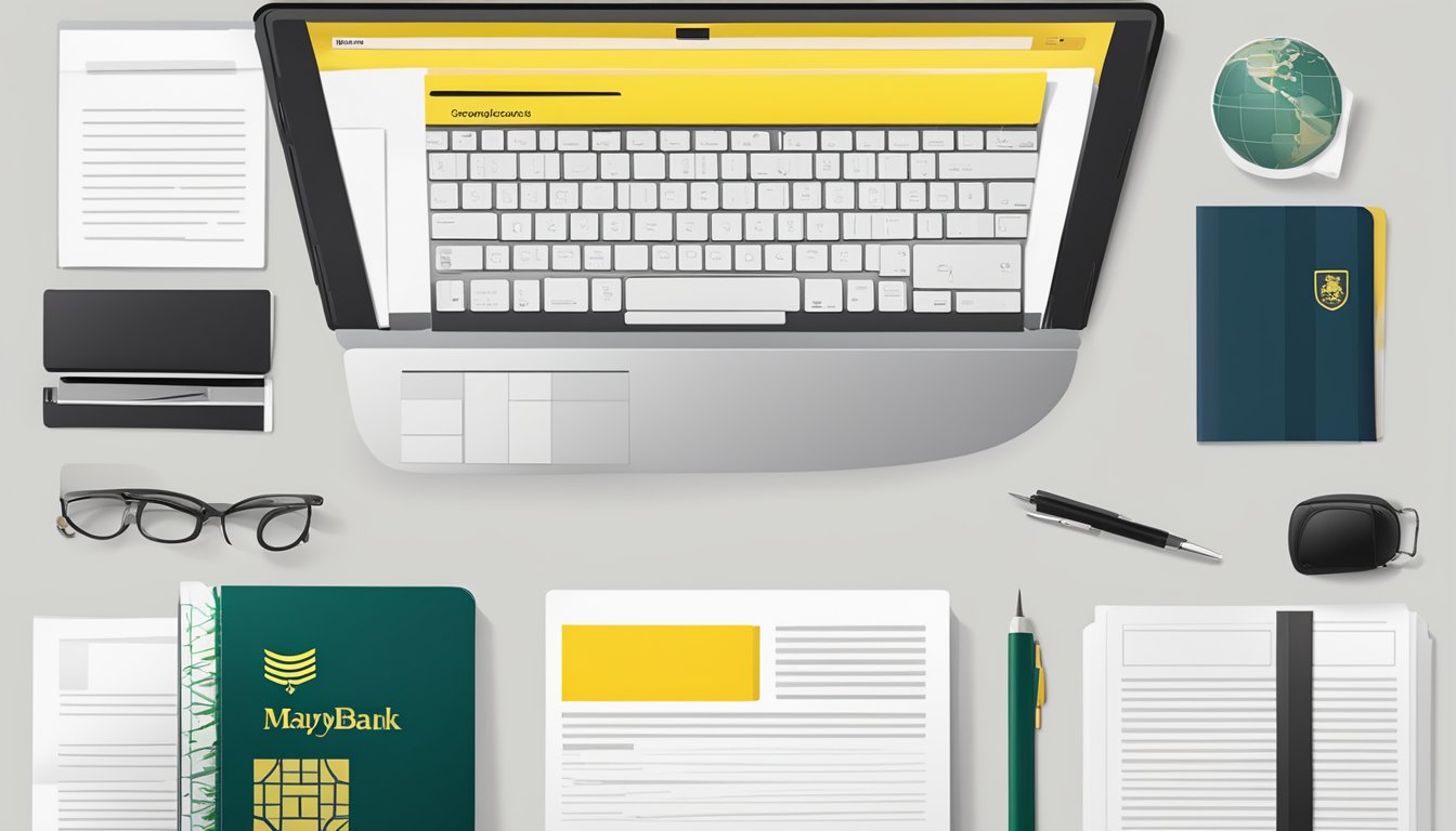 A desk with a laptop, passport, and corporate documents laid out for Maybank corporate account opening in Singapore