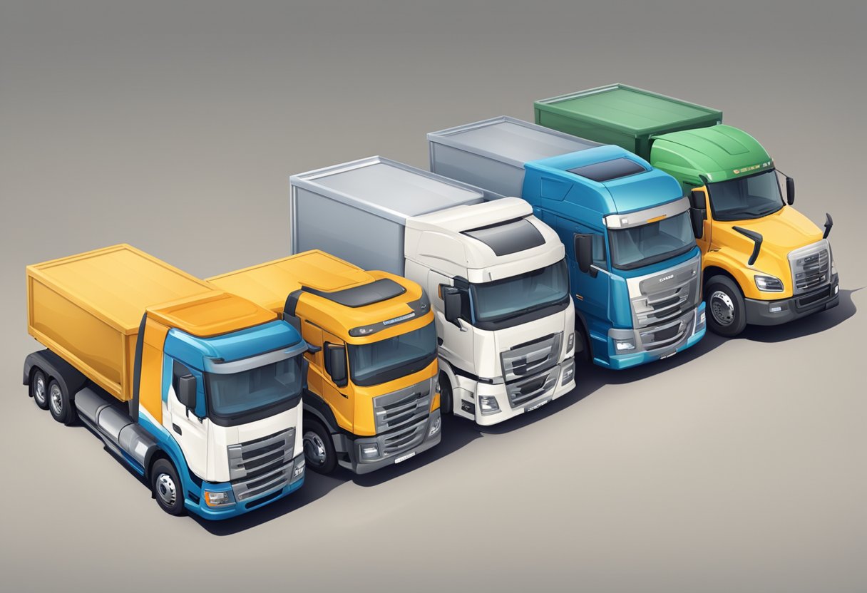A lineup of trucks with various bed sizes, from small to large, displayed in a clear and organized manner for easy comparison