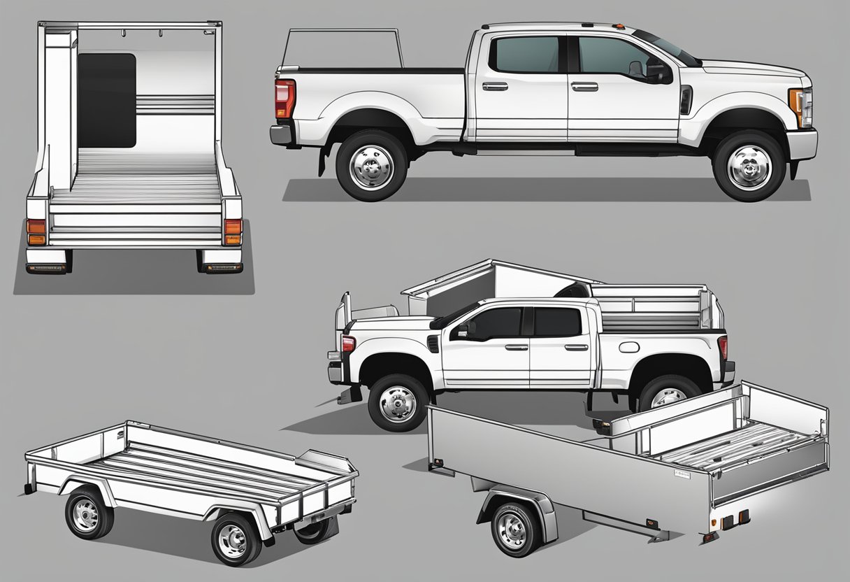 A variety of truck beds in different sizes and shapes, labeled and organized for easy comparison