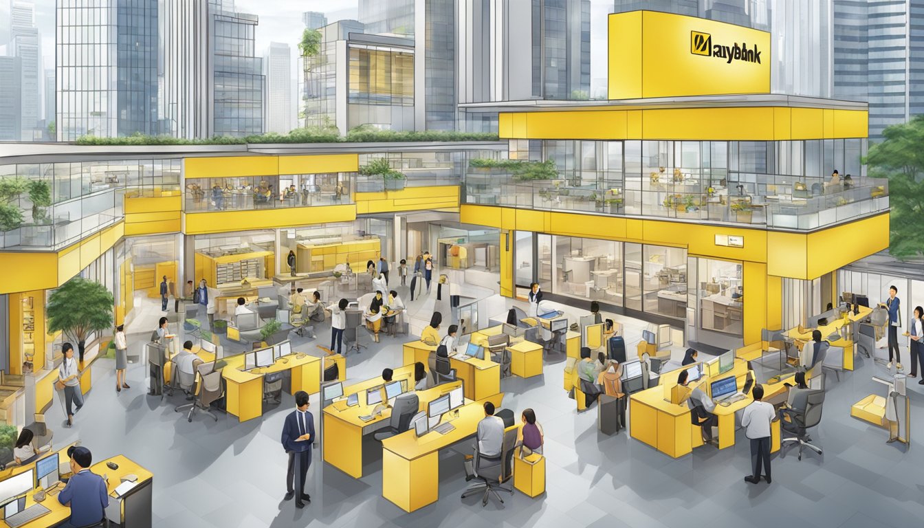 A corporate account opening scene at Maybank Singapore, featuring various account types and their corresponding features