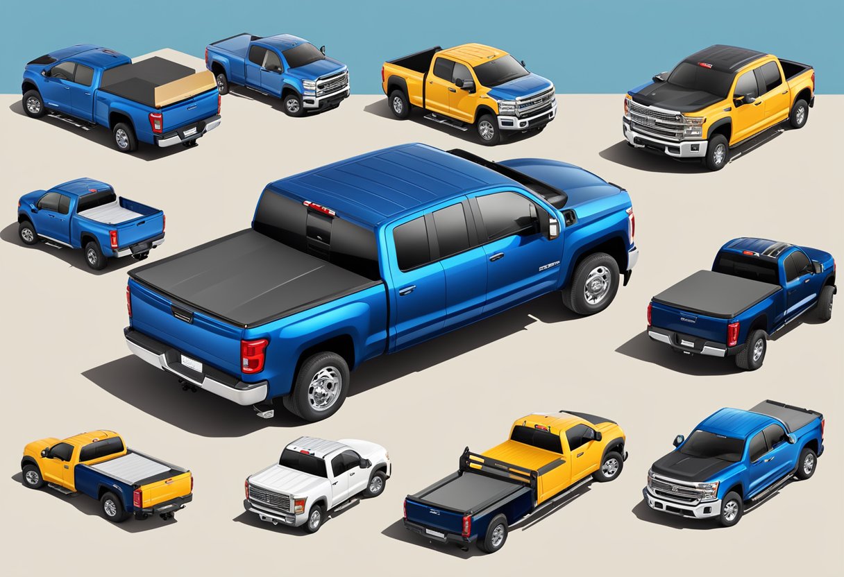 A variety of truck bed sizes are displayed, with measurements and features labeled, surrounded by a diverse range of trucks for context