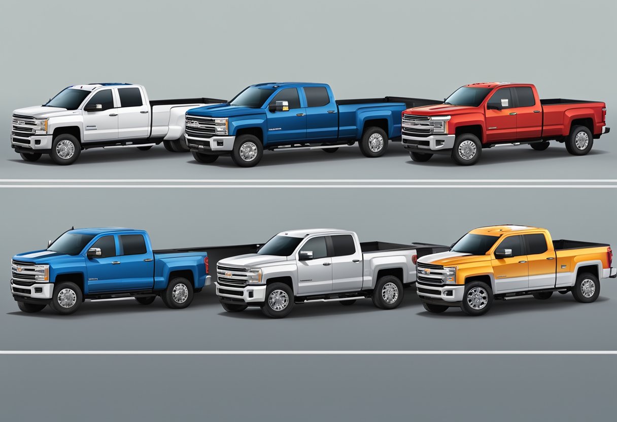 A lineup of different truck beds, from compact to full-size, displayed side by side for comparison. Each bed type is labeled with its respective dimensions