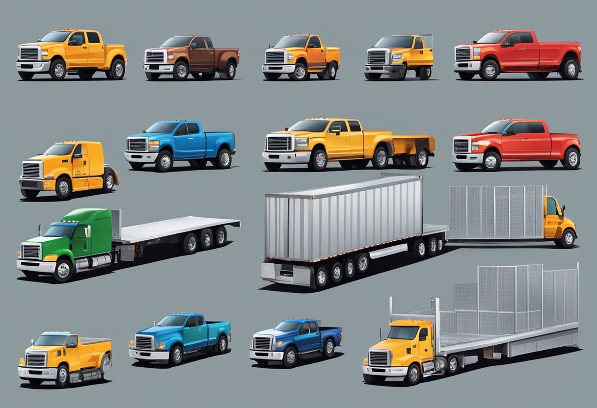 A lineup of various truck beds, each labeled with their respective sizes and dimensions, with a clear and organized display of information