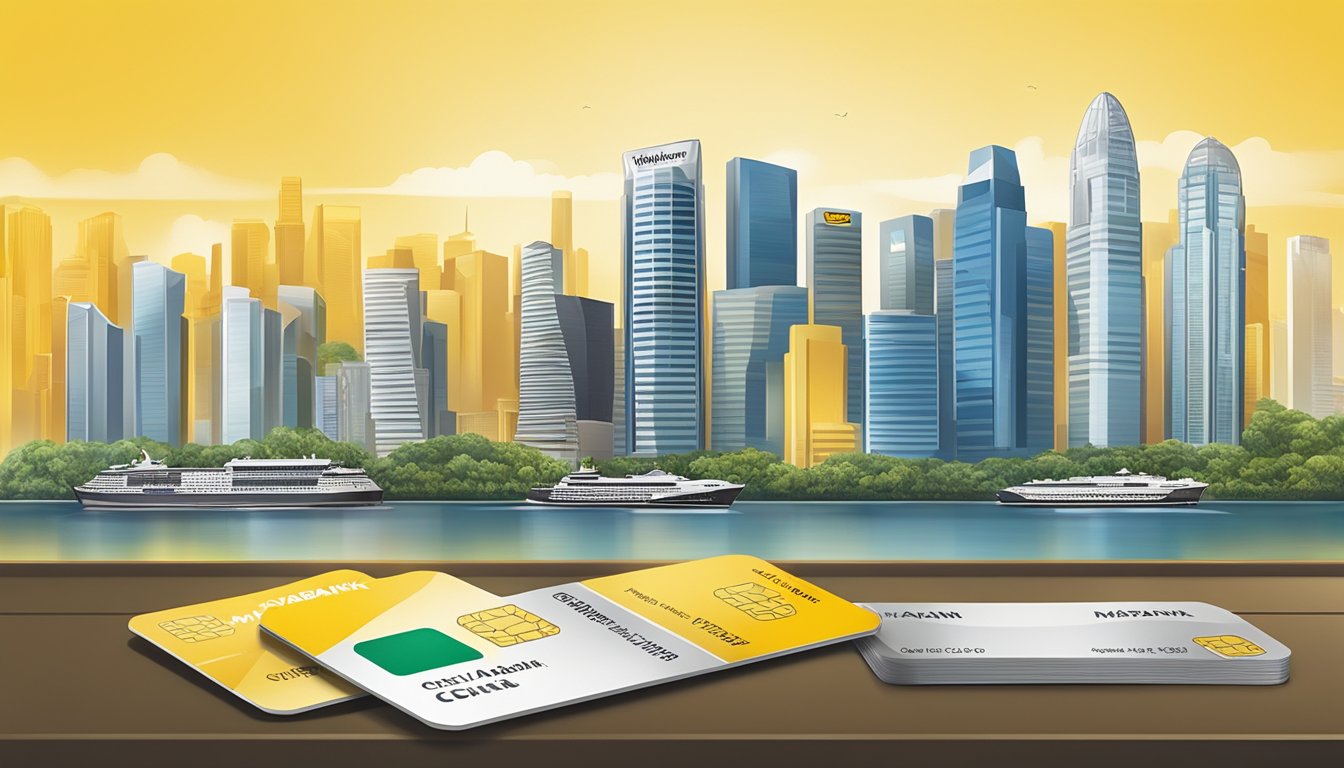 A table displaying different Maybank credit card designs with the Singapore skyline in the background
