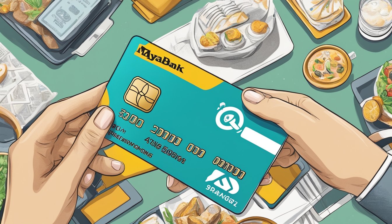 A hand holding a Maybank credit card with a background of various perks and rewards such as travel, dining, shopping, and entertainment options in Singapore