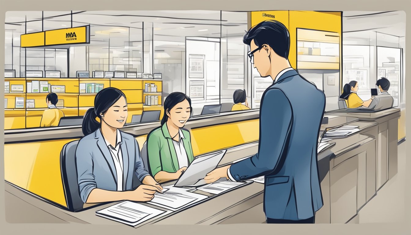 A person filling out a credit card application form at a Maybank branch in Singapore, then receiving approval from a bank representative
