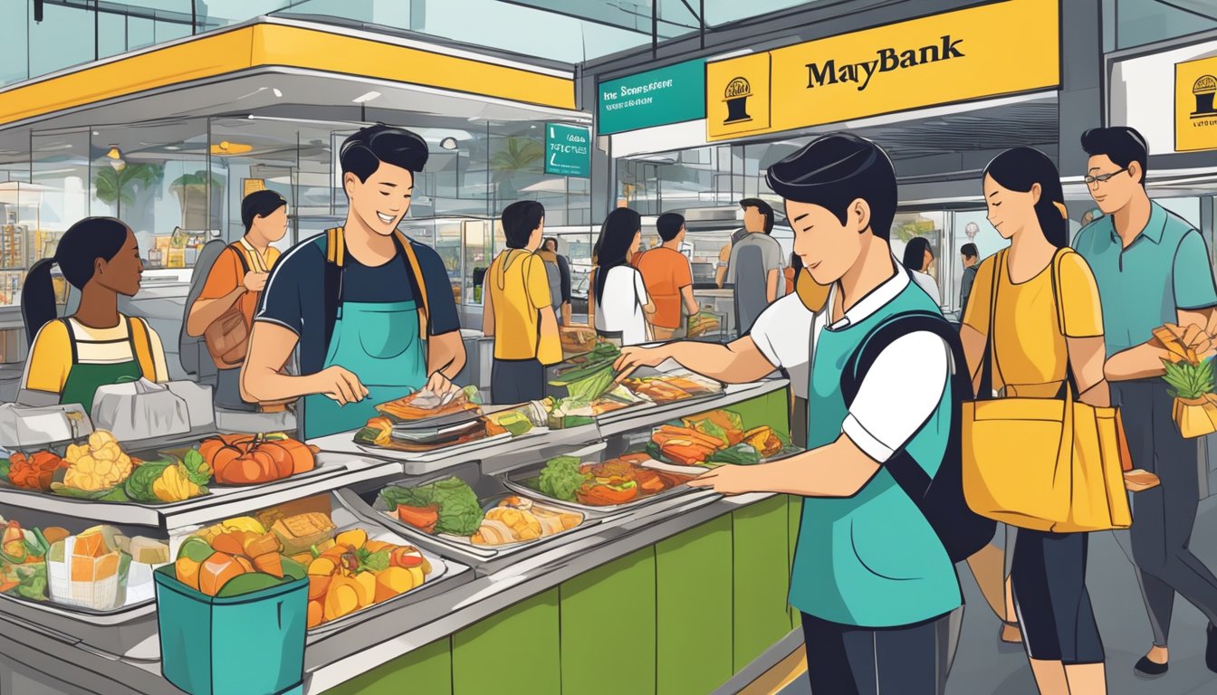 A diverse array of products and services, such as travel, dining, and shopping, are being enjoyed by a person using a Maybank credit card in Singapore