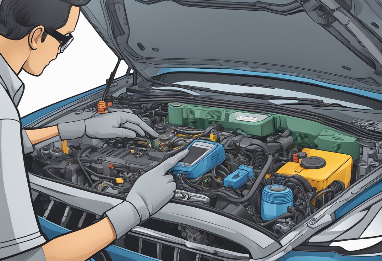 A mechanic uses a diagnostic tool to check the P0446 code on a car's onboard computer, with the hood open and various engine components visible