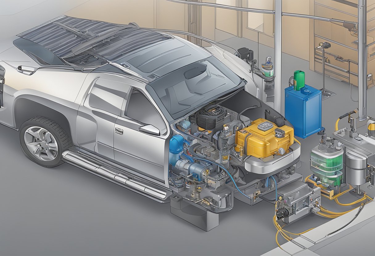 The scene shows a vehicle's evaporative emission control system with a malfunctioning vent control circuit. Visible components include the vent valve, charcoal canister, and associated wiring