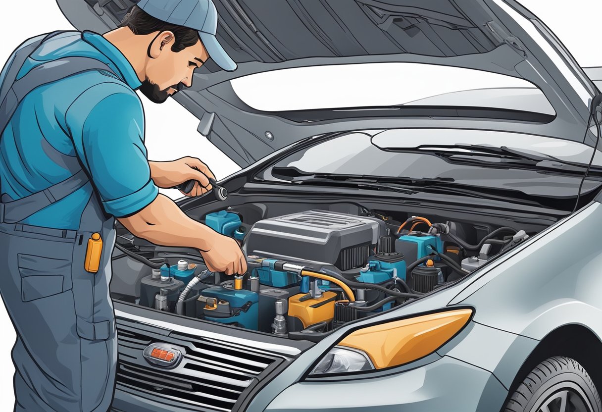 An auto mechanic uses diagnostic tools to troubleshoot a car's evaporative emission control system, focusing on the vent control circuit