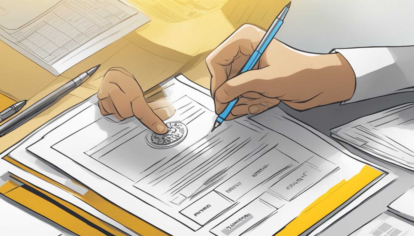A hand holding a pen signs a document with "Repayment and Borrowing Terms" while a Maybank creditable Singapore logo is visible in the background
