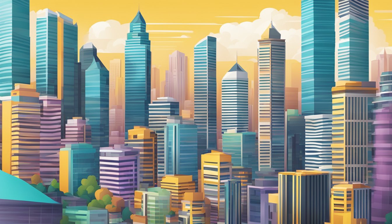 A vibrant cityscape with the iconic Maybank building in the center, surrounded by modern skyscrapers and bustling streets below
