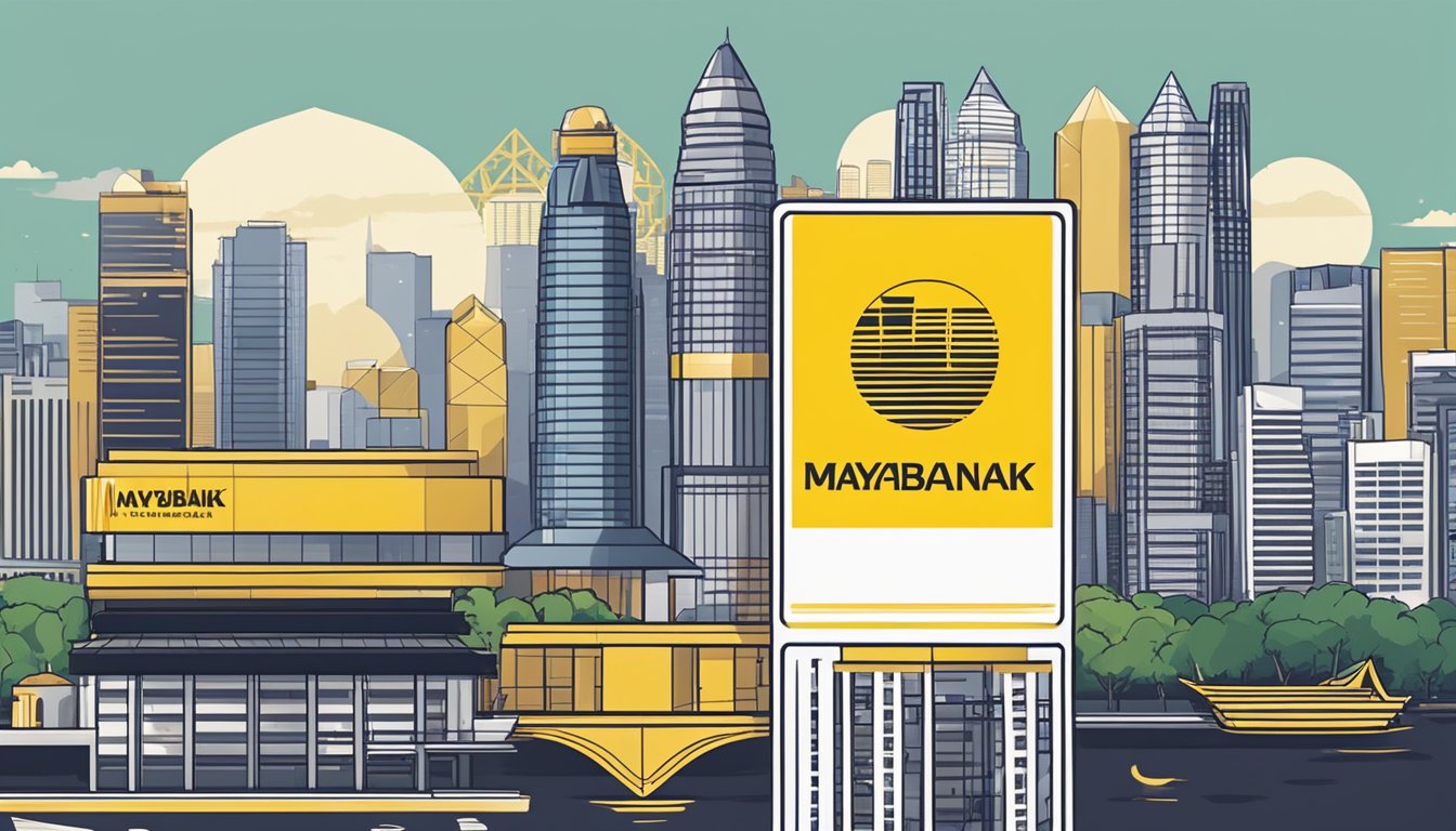 A stack of FAQ cards with the Maybank logo, set against the backdrop of the Singapore skyline