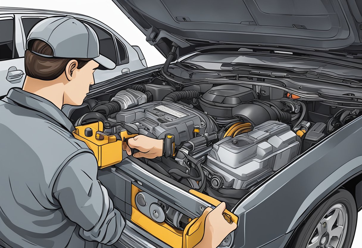A mechanic examines a car's engine, holding a diagnostic tool. The tool displays the P0102 code for a low MAF circuit signal. The mechanic looks focused and determined to fix the issue