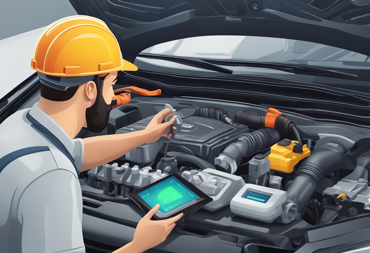 A mechanic examines a car's engine, checking the MAF sensor for a low circuit signal. Tools and diagnostic equipment surround the vehicle