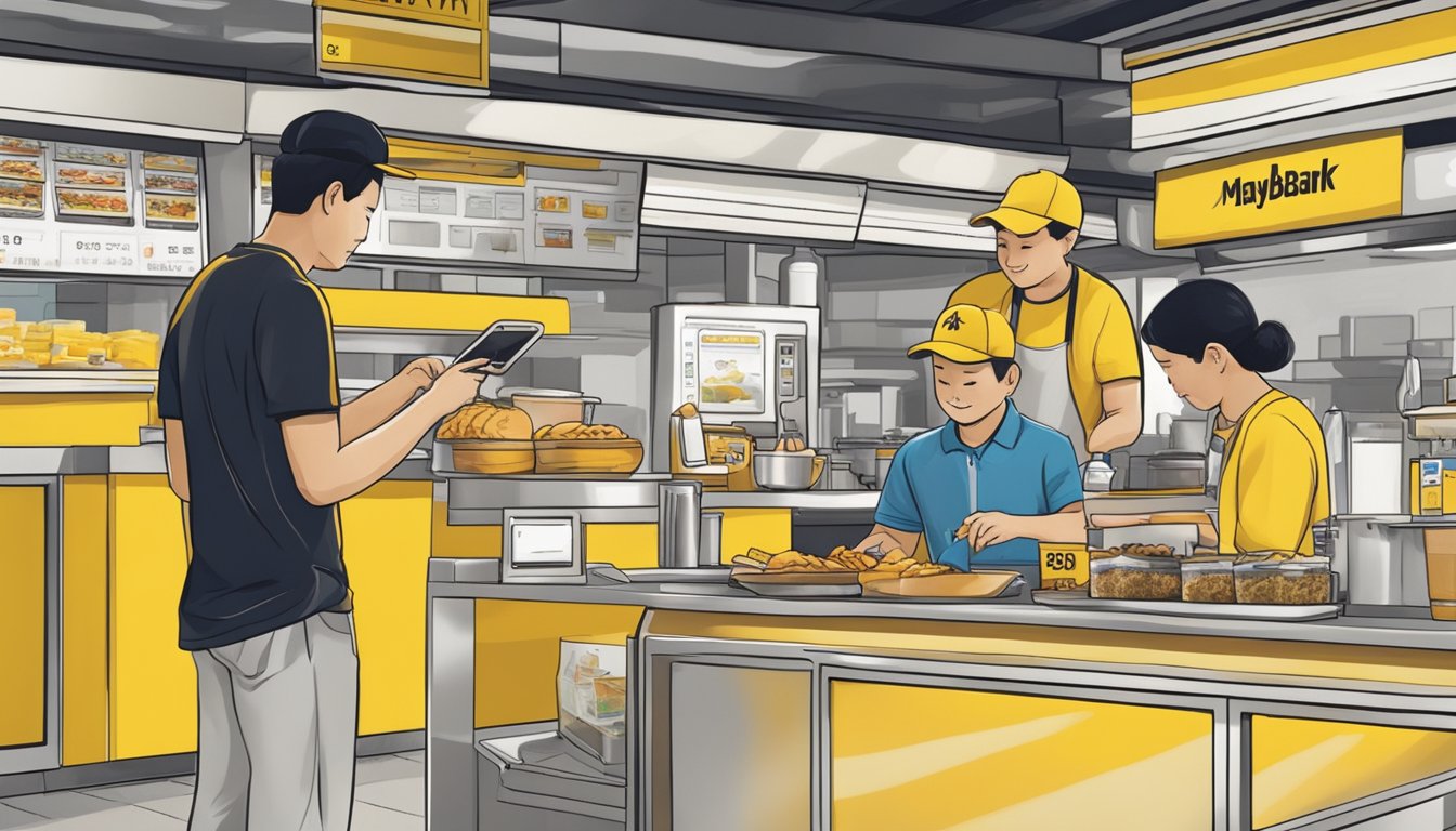 A Maybank eVibes card being used for a contactless payment at a popular Singaporean hawker center