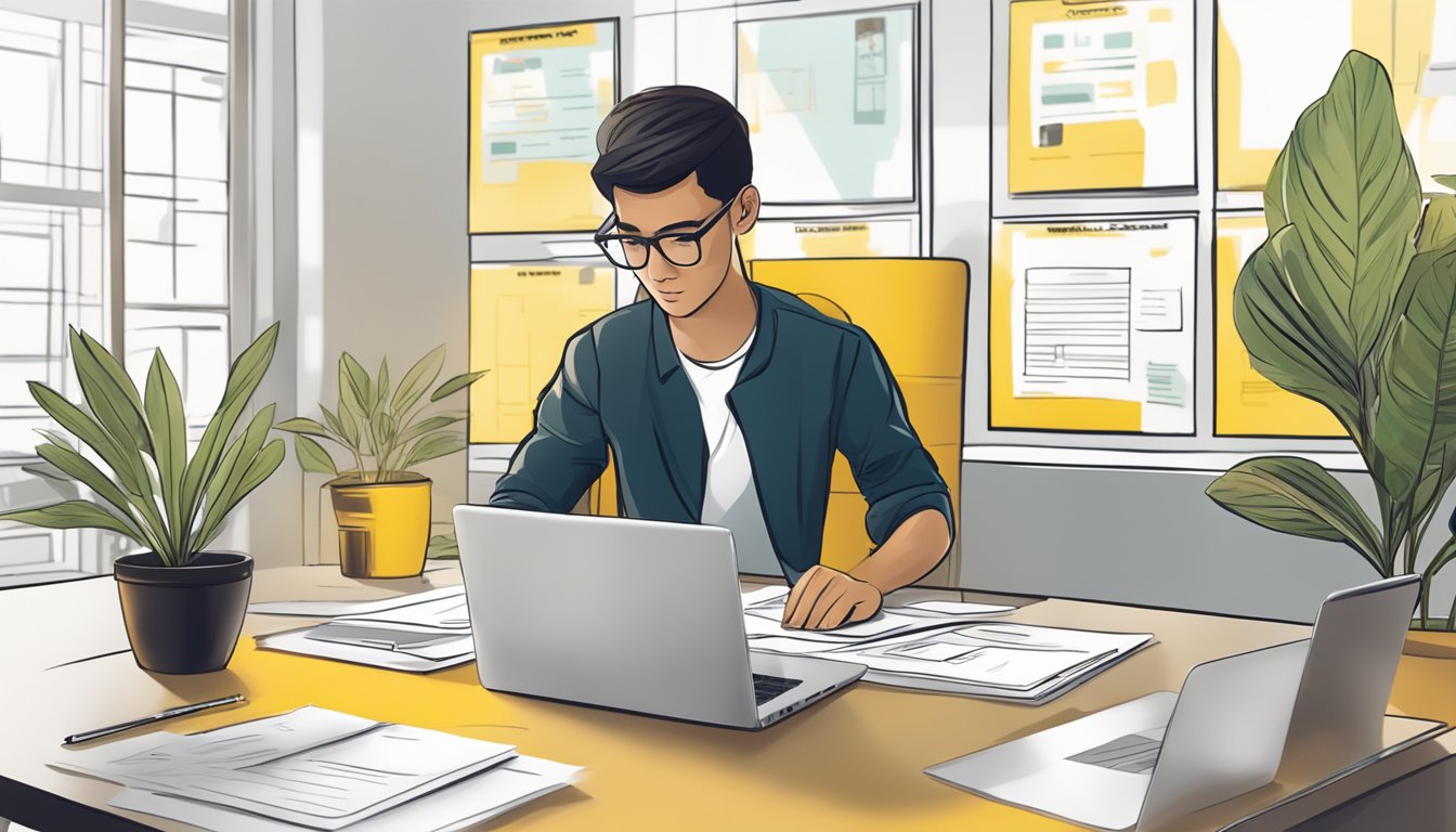 A person filling out an application form for the Maybank eVibes card, with a laptop and documents nearby