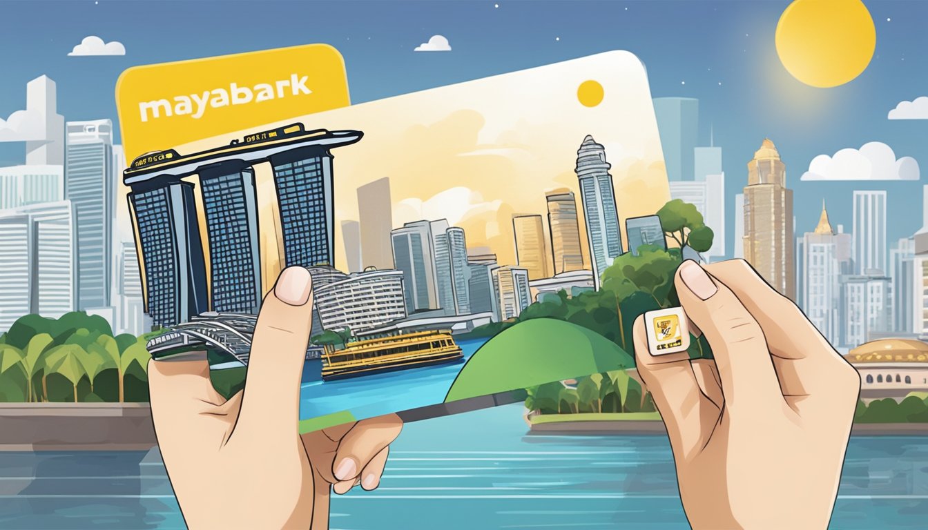 A hand holding a Maybank eVibes card with Singapore landmarks in the background. The card features cashback rewards and exclusive discounts