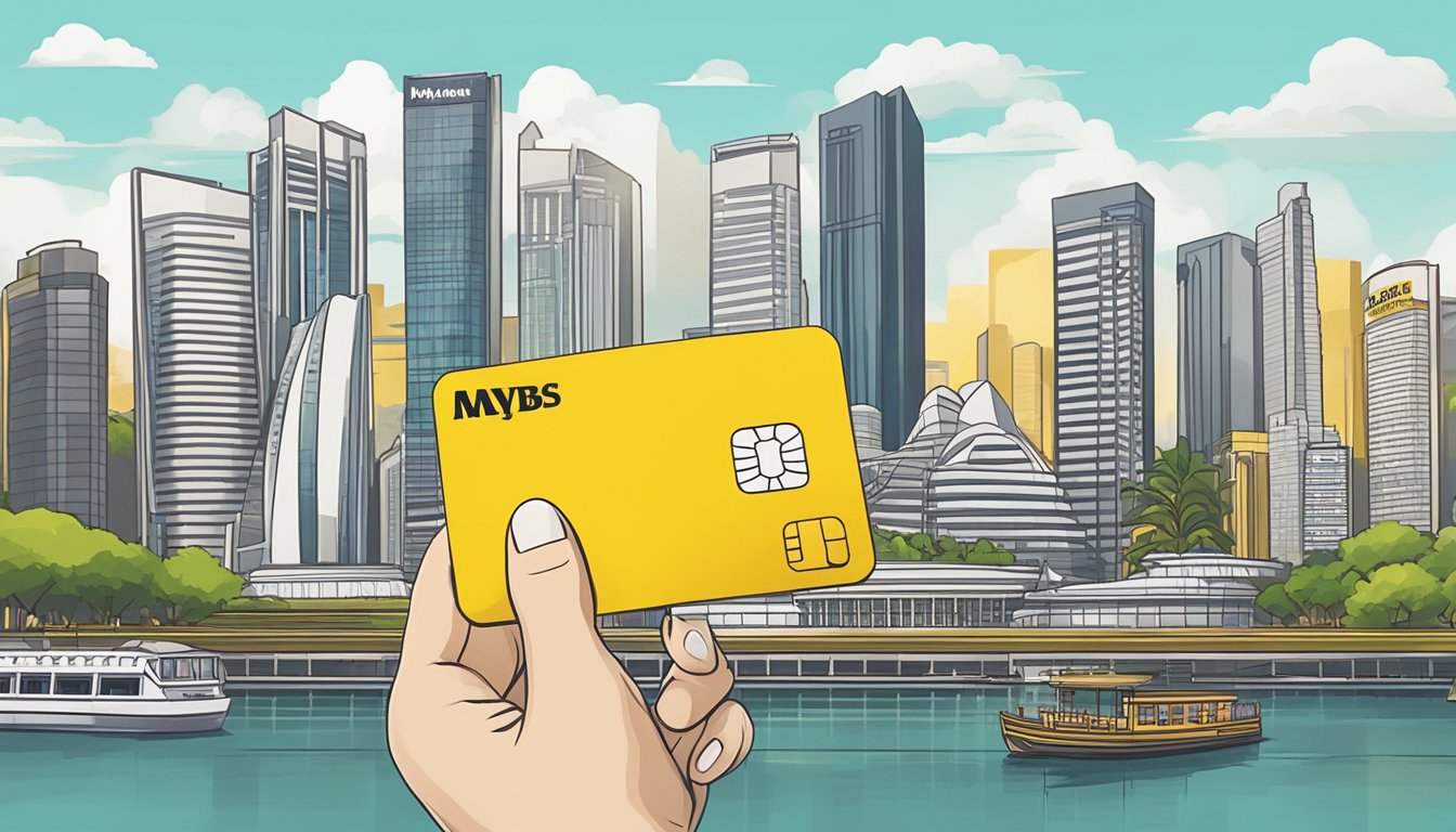 A hand holds a Maybank eVibes card against a backdrop of iconic Singapore landmarks