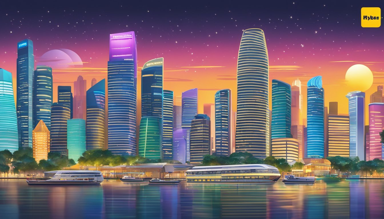 The Maybank eVibes card logo shines next to various partner logos in a vibrant Singapore cityscape