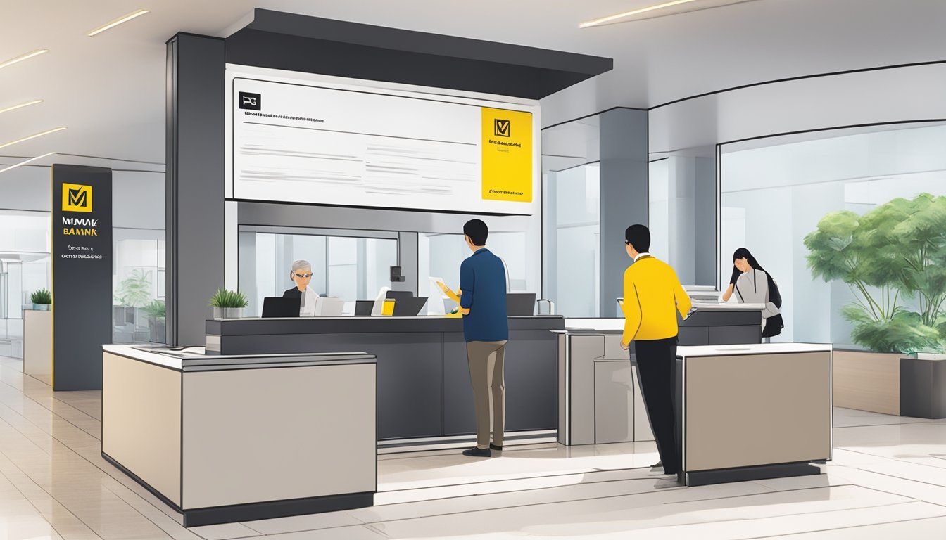 A customer enters a modern bank branch in Singapore, filling out paperwork at a sleek desk to open a Maybank FlexiBiz account