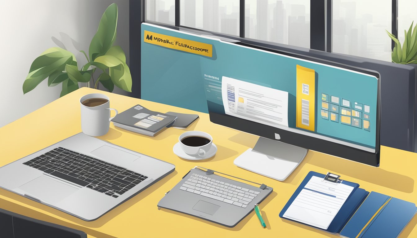 A desk with a laptop, passport, and utility bill. A sign reads "Maybank FlexiBiz Account Opening Singapore."