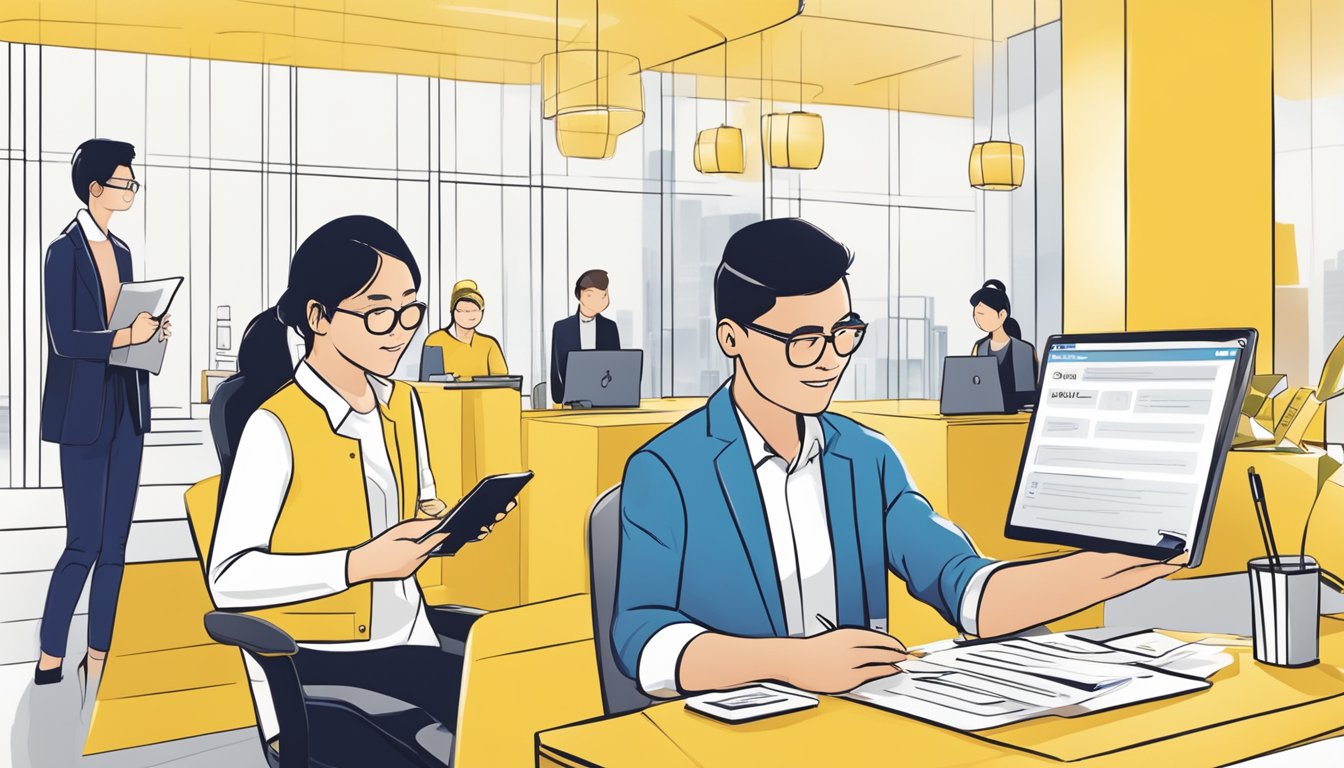 A person opening a Maybank FlexiBiz account in Singapore, filling out forms, discussing options with a bank representative, and receiving a welcome package