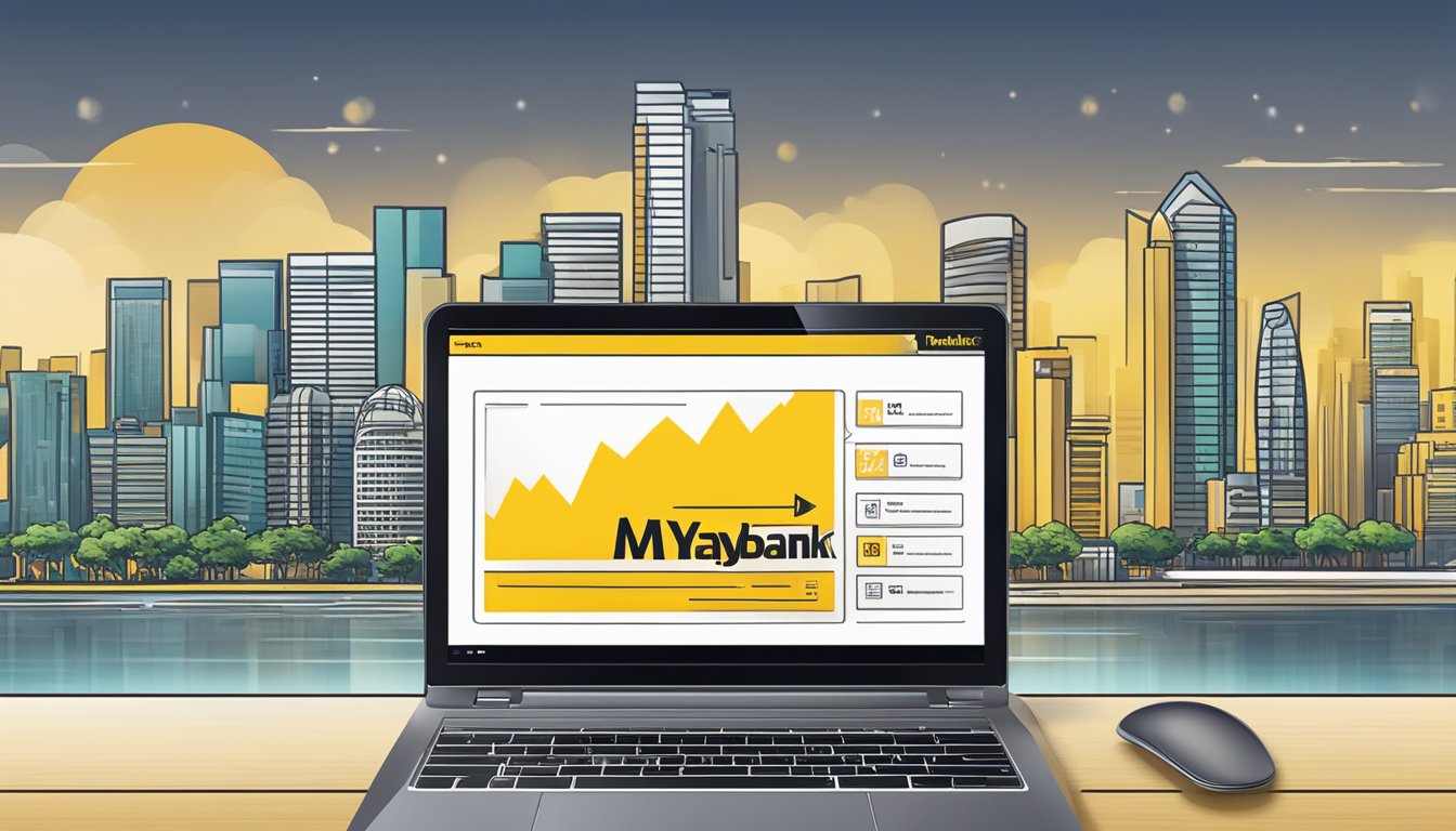 A laptop displaying Maybank internet banking homepage with Singapore skyline in the background